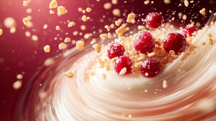 A dessert with a swirl of cream and a sprinkling of berries. The granola adds a crunchy texture to the creamy dessert