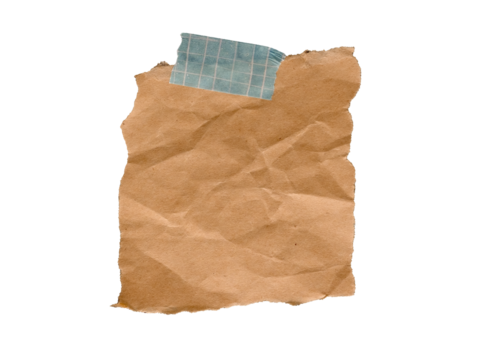 crumpled brown paper with paper tape on white background, isolated png