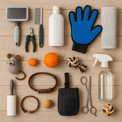Flat Lay of Pet Grooming and Training Supplies with Toys and Accessories