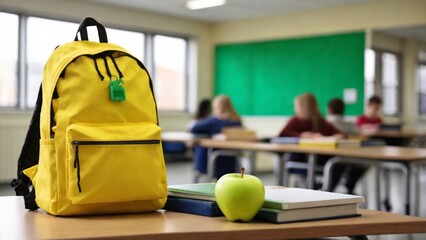 bright yellow backpack standing on a school desk on the left, a stack of books with a red apple on top placed next to it