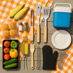 Flat Lay of BBQ Tools, Vegetables, and Picnic Essentials on Wooden Table with Checkered Cloth