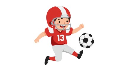 Cartoon boy in football gear kicks a soccer ball, isolated against a white background.