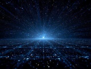 Futuristic Dark Blue Grid Background with Glowing Lines and Starlight Effect, Symmetrical Sci-Fi Digital Space
