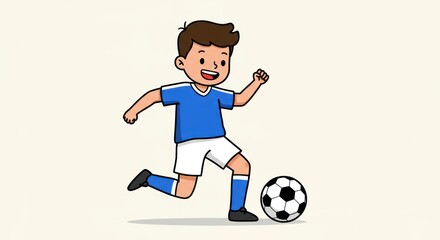 Cartoon illustration of a boy soccer player in motion, kicking a ball.