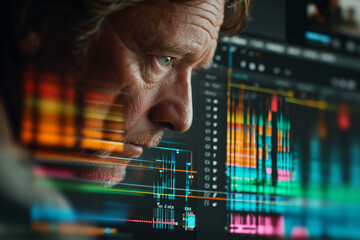 A young man wearing a hat looks at a video editing software interface with colorful bars representing different music tracks.