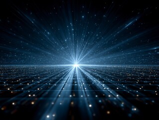 Futuristic Dark Blue Grid Background with Glowing Lines and Starlight Effect, Symmetrical Sci-Fi Digital Space
