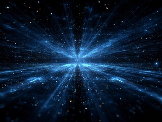 Futuristic Dark Blue Grid Background with Glowing Lines and Starlight Effect, Symmetrical Sci-Fi Digital Space

