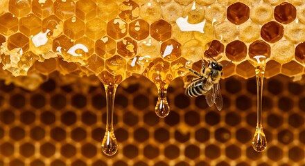 Honeycomb with Dripping Honey and Bee in Close-up
