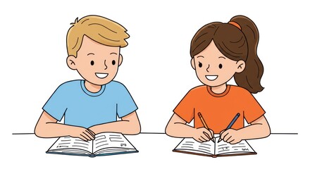 Two smiling students, a boy and a girl, are studying together, each with an open book and pen.