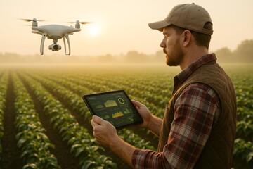 Man using tablet to control drone flying over green crops in farmland at sunrise, realistic photo style, showcasing modern smart farming technology