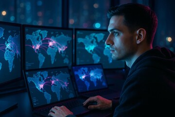 Focused man analyzing digital threat maps on multiple monitors in dark office, neon lighting, concept of cybersecurity and data protection