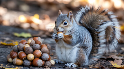 A gray squirrel enjoys acorns, nibbling on one while sitting beside a large pile of various nuts. The vibrant autumn leaves create a colorful background in the park.