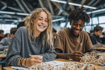 Students are building models with sticks and paper, focusing on engineering and architectural creativity.