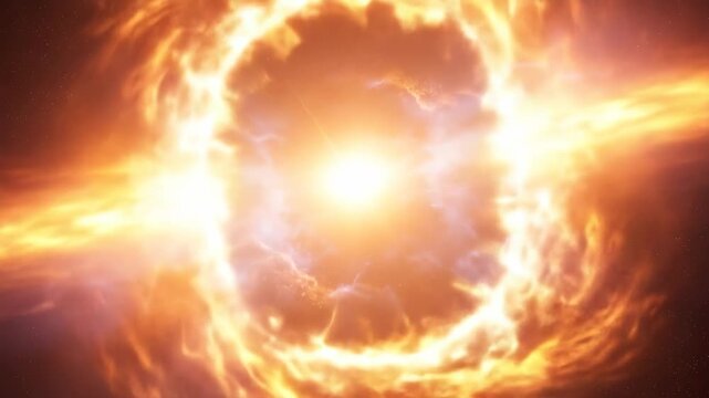 Celestial Explosion in Deep Space - A stunning visual representation of a cosmic explosion featuring a bright central star surrounded by vibrant flames and colorful nebulae.