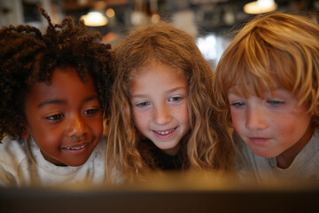 Three diverse children looking at a laptop in a school
