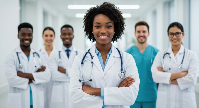 Diverse group of medical professionals standing together in a bright hallway ready to provide care