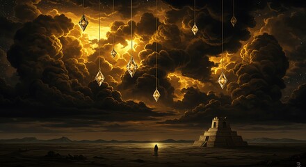 Mystical Landscape with Dark Cloudy Sky and Hanging Diamond-shaped Crystals