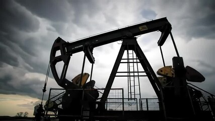 Imposing silhouette of a pumpjack against a dramatic stormy sky symbolizes energy production and industrial strength.