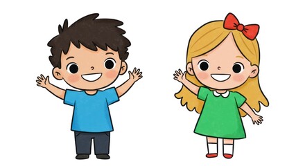 Happy boy and girl cheerfully waving,  cartoon illustration.
