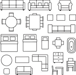 furniture top view floor plan icons set, thin line interior design elements