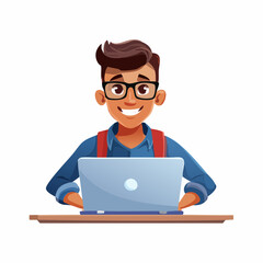 Young Man Working on a Laptop: A friendly and happy young man, sporting glasses and a backpack, is engrossed in his work on a sleek laptop. This image is perfect for illustrating education.