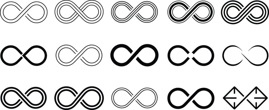 Infinity Symbols Set, Different Styles, Single and Multiple Lines, Isolated on White