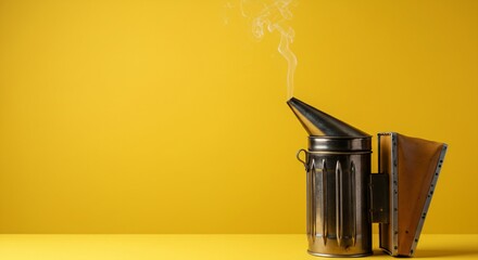 Metal bee smoker with brown bellows for beekeeping tool. Equipment used to calm bees for safety and hive management.