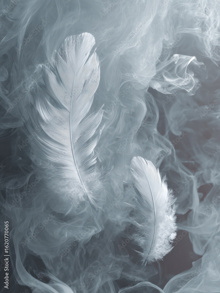 Aufkleber white feathers are slowly floating down on a soft background of feathers, with smoke adding a dreamy