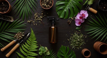 Natural Botanical and Herbal Essentials with Orchid Flower on Dark Wooden Surface