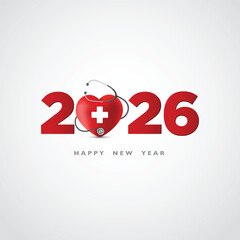 Red heard a medical sign with Stethoscope 2026 on a White background, Happy New Year for health care, Insurance, Wellness, creative medical concepts. Celebrate the new year 2026 with Doctors, Nurses 