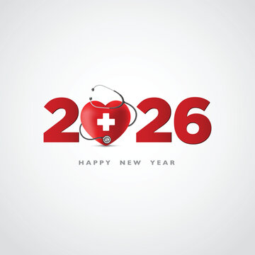 Red heard a medical sign with Stethoscope 2026 on a White background, Happy New Year for health care, Insurance, Wellness, creative medical concepts. Celebrate the new year 2026 with Doctors, Nurses 