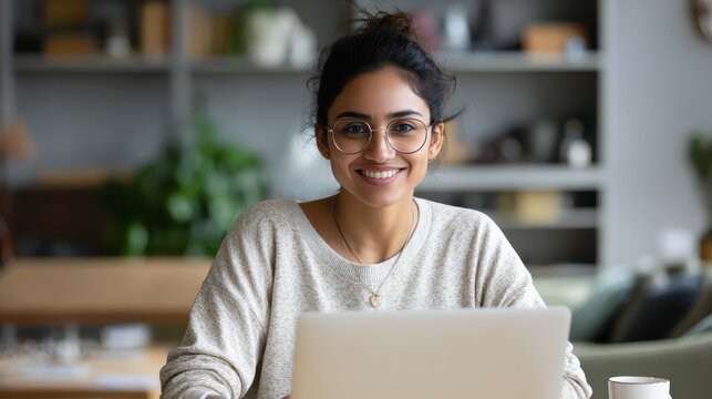 Happy indian young adult woman wearing glasses using pc laptop computer working studying at home office sitting at table. Happy female professional freelancer learning watching online webinar trainin