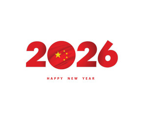New Year 2026 Number letter font text Logo with Chinese Flag on white Background, Calendar 2026, China New Year Banner, Post Card, Greetings