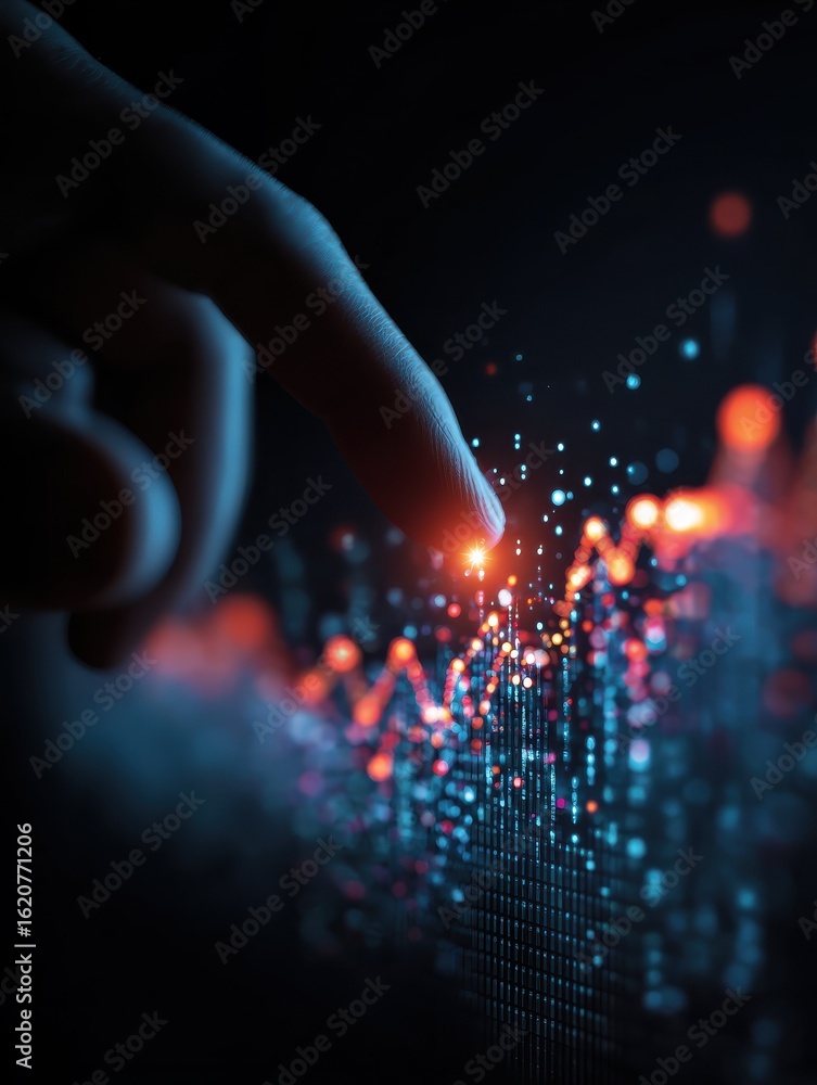 Poster finger touching virtual data analytics graph with glowing lines and dots, showcasing technology, fin