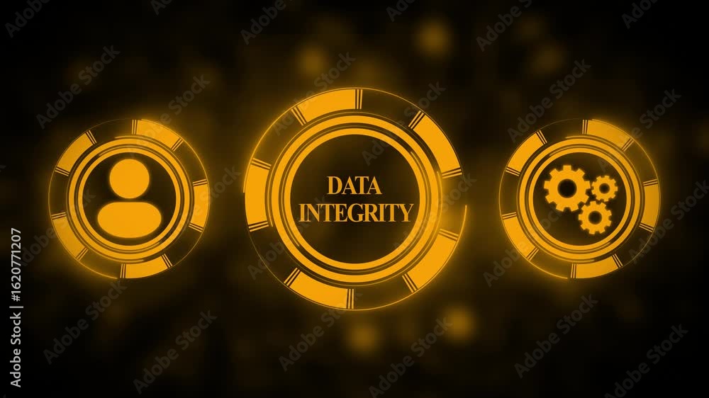 Poster data integrity concept illustration glowing circles with icons representing security user