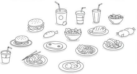 Line Art Food Collection: Burgers, Drinks, Salads, and Meats on White Background