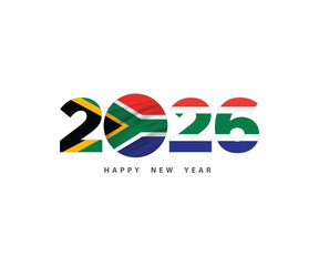 New Year 2026 Number letter font text Logo with South African Flag on white Background, Calendar 2026, Social Media New Year Banner, Post Card, Greetings