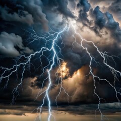 Dramatic bolt of lightning illuminates a turbulent sky filled with dark storm clouds