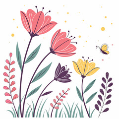 Fototapeta premium Whimsical spring garden with flowers and butterfly
