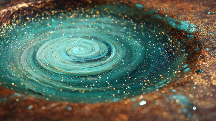 Swirling turquoise and gold cosmic vortex with sparkling particles abstract macro