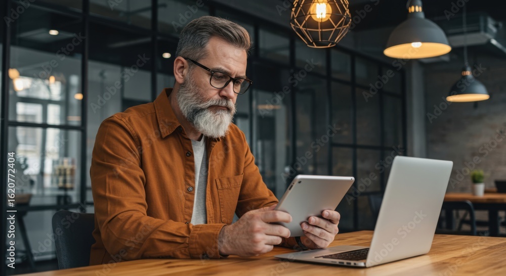 Poster distinguished bearded gentleman engaged with digital devices in a modern workspace setting