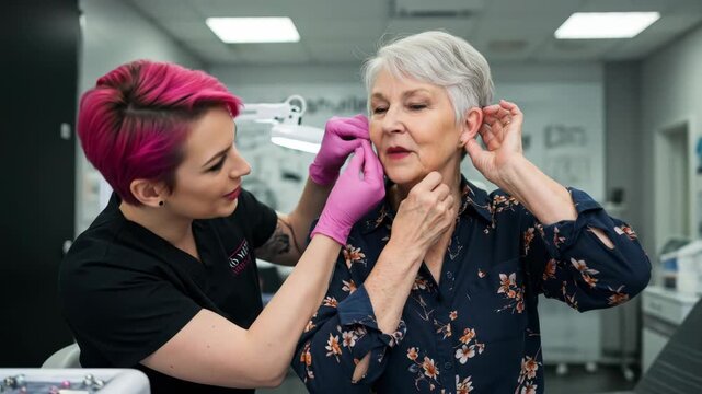 Piercing Studio: Senior Woman Getting Ear Pierced - A young woman with pink hair pierces the ear of a smiling senior woman in a clean, modern piercing studio.