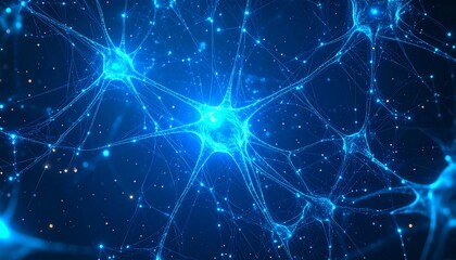 Abstract glowing neural network with interconnected neurons and synapses transmitting signals in a vibrant blue digital cosmos