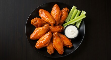 Plate of spicy glazed chicken wings with fresh celery sticks and creamy dipping sauce, a classic appetizer viewed from above.