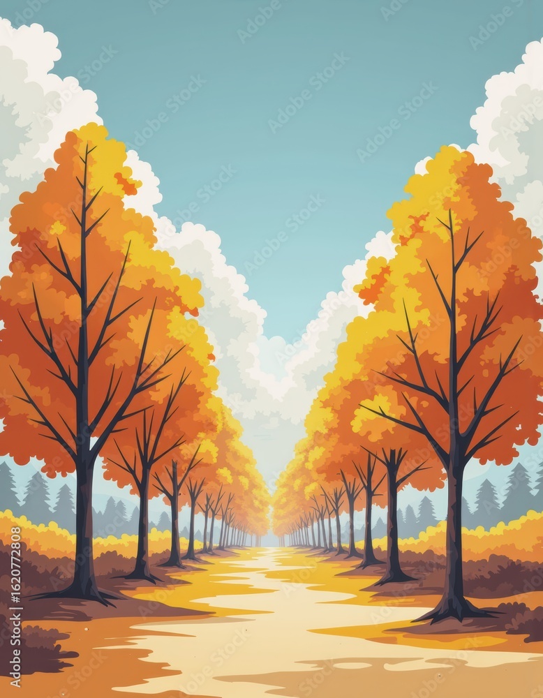 Poster vibrant autumn trees lining a serene pathway in a forest setting