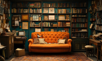 Orange couch in vintage library interior bookshelves antique frames