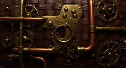 Steampunk Mechanical Gears and Copper Pipes on Woven Background