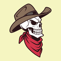 Western Themed Cartoon Skull Mascot Wearing Cowboy Hat Vector Illustration, Fun and Edgy Wild West Character Design
