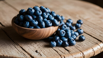Ripe blueberries piled in a rustic wooden bowl resting on a wooden table surface