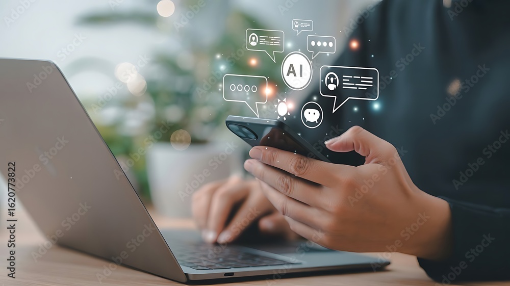 Poster ai artificial intelligence, digital chatbot, woman chatting with chatbot customer service on mobile 